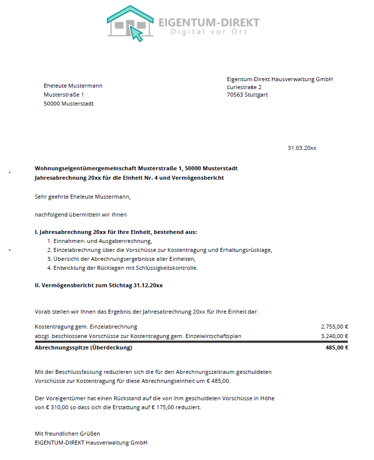 Muster einer WEG-Jahresabrechnung von EIGENTUM-DIREKT