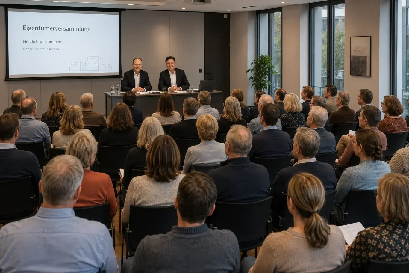 Robert Medic und Thorsten Lenz, Geschäftsführer von EIGENTUM-DIREKT bei einer Eigentümerversammlung